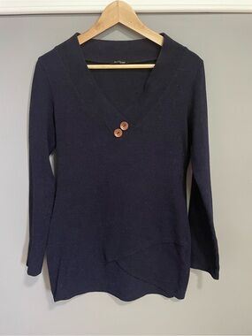 Eclipse Navy V-Neck Sweater with Wood Button Accent